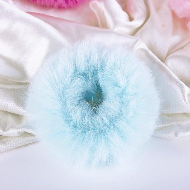 Mljsh 2 PCS Light Blue Pom Pom Hair Tie Fuzzy Scrunchies Furry Hair Bands With Faux Rabbit Fur Fluffy Elastic Hair Bobbles Ponytail Holders Girls Women Hair Accessories - Image 3